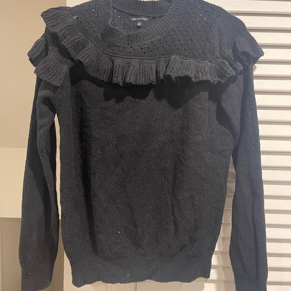 Who What Wear Black Ruffle Yoke Crewneck Sweater